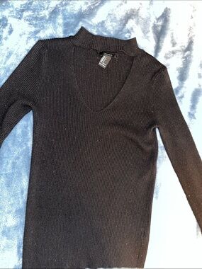 Forever 21 Black Ribbed Long Sleeve V-Neck Sweater Top